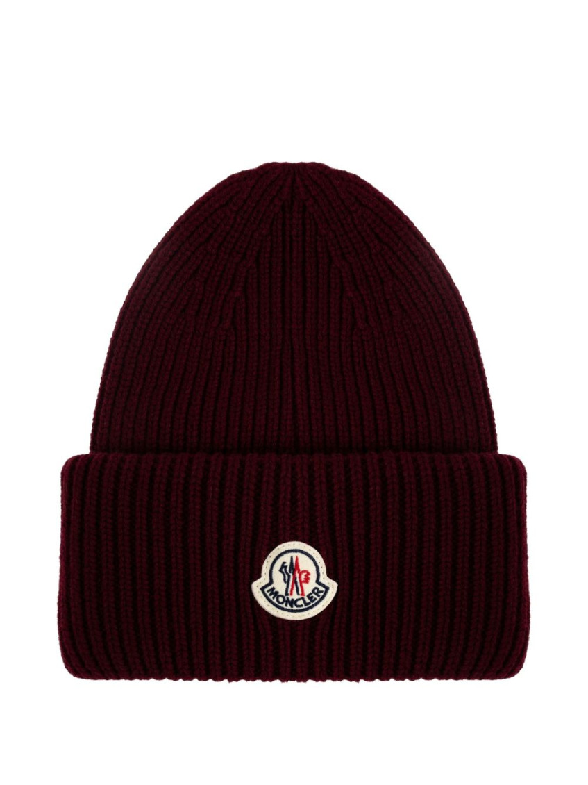 Moncler Bordeaux Logo Beanie Hat In Brown