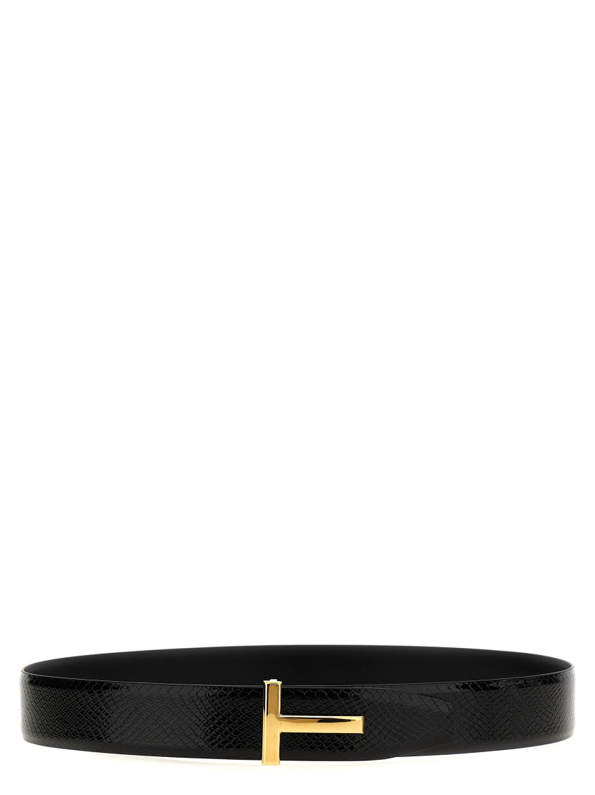 Tom Ford Black Calfskin Leather Belt With Gold T Buckle In Black