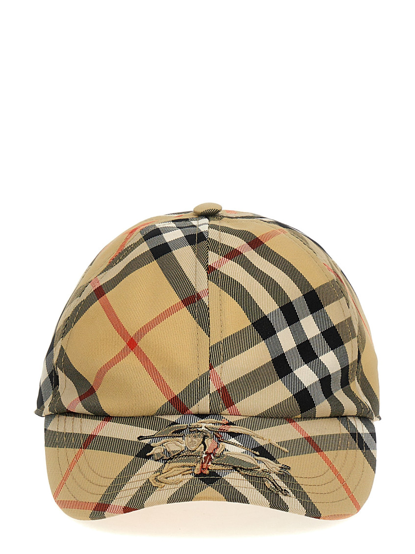 Burberry Check Pattern Logo Cap With Curved Brim In Beige