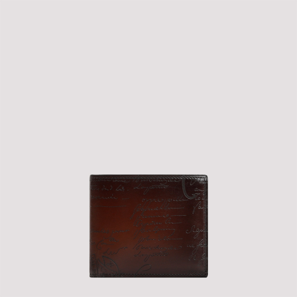 Berluti Calf Leather Neo Venezia Written Wallet In Dark Brown
