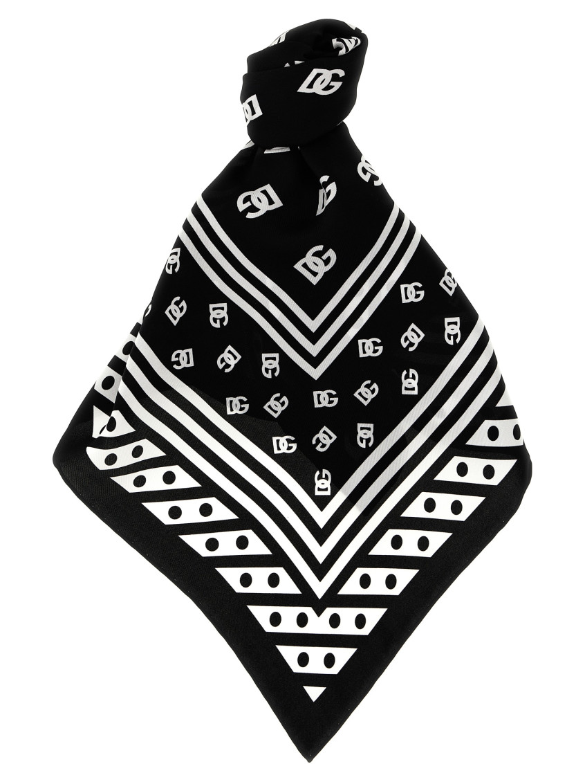 Dolce & Gabbana Brand Emblem Square Scarf With Striped Border In Blackwhite
