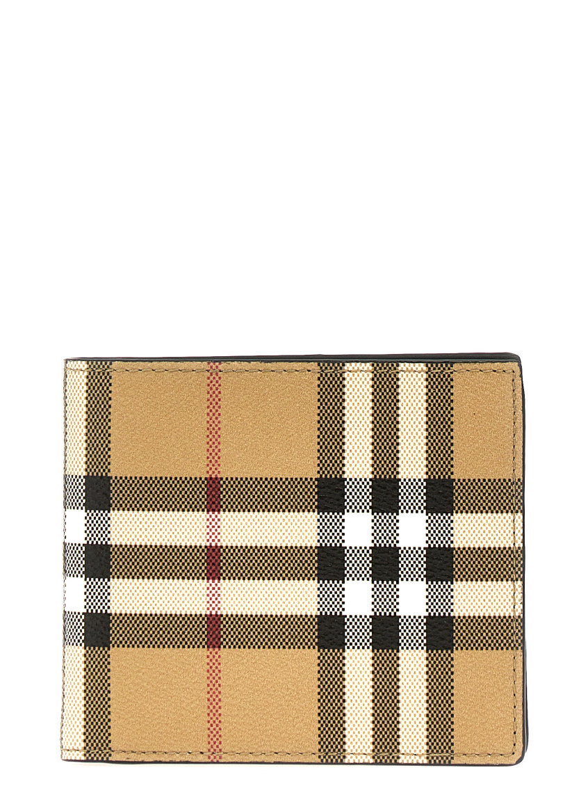 Burberry Beige Bifold Wallet With Check Motif In Techno Fabric In Beige