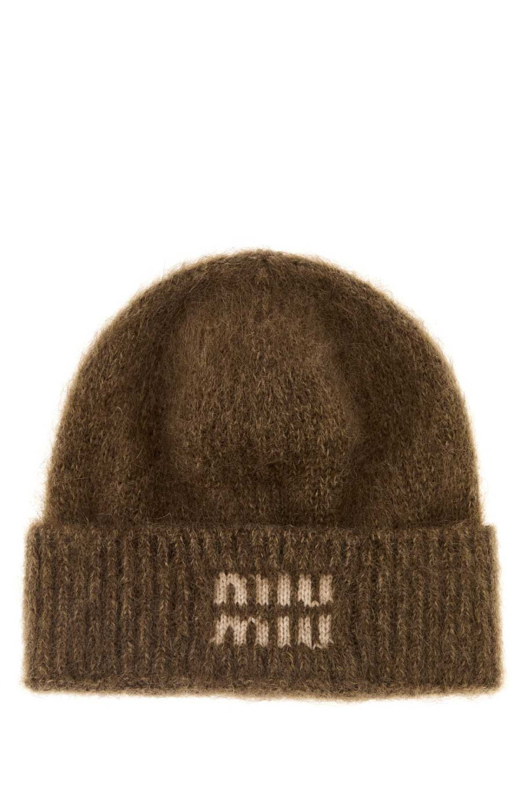 Miu Miu Brown Logo Beanie Hat In Brown