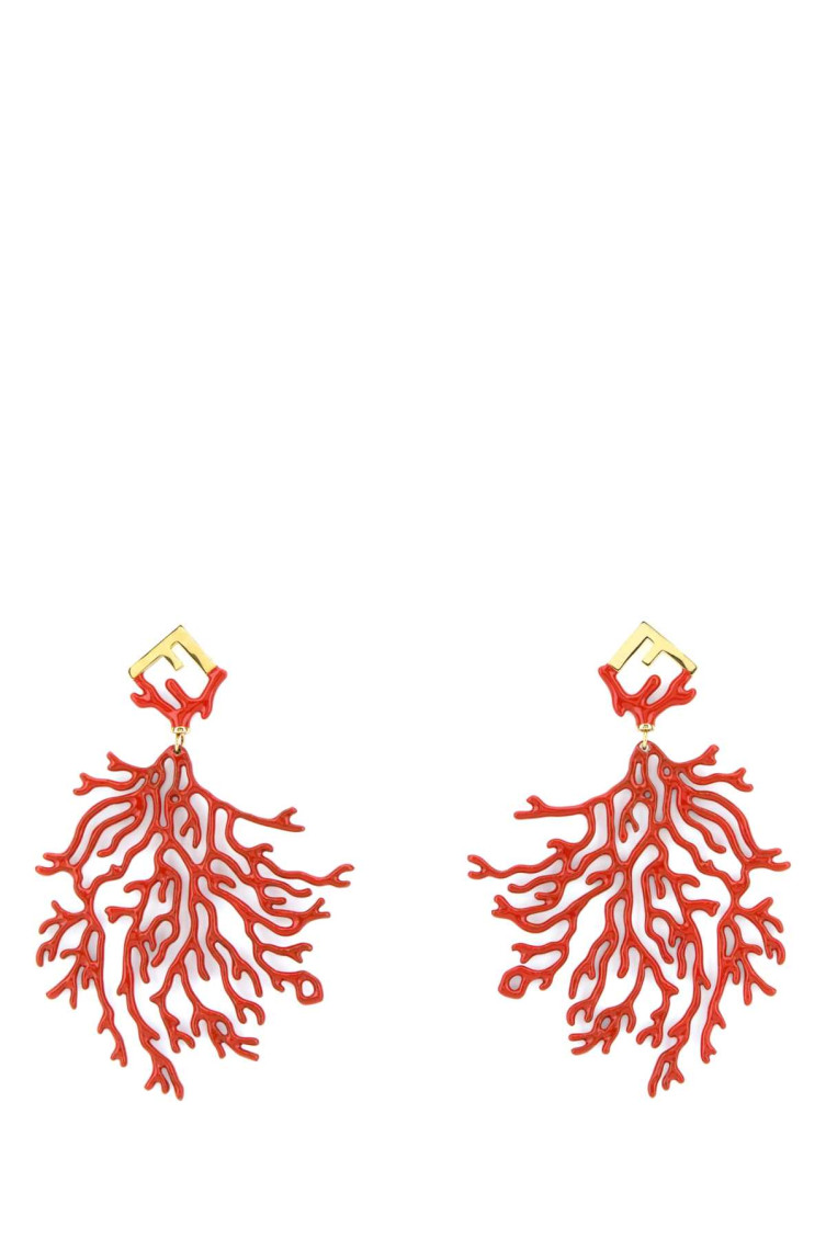 Fendi Metal Drop Earrings With Coral Motif In Red