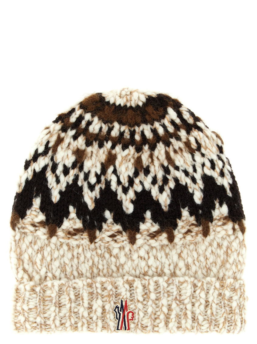 Moncler Beige Brown Geometric Pattern Beanie Hat In Neutral