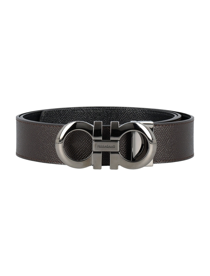 Ferragamo Adjustable Reversible Leather Belt With Textured Finish In Dark Brown