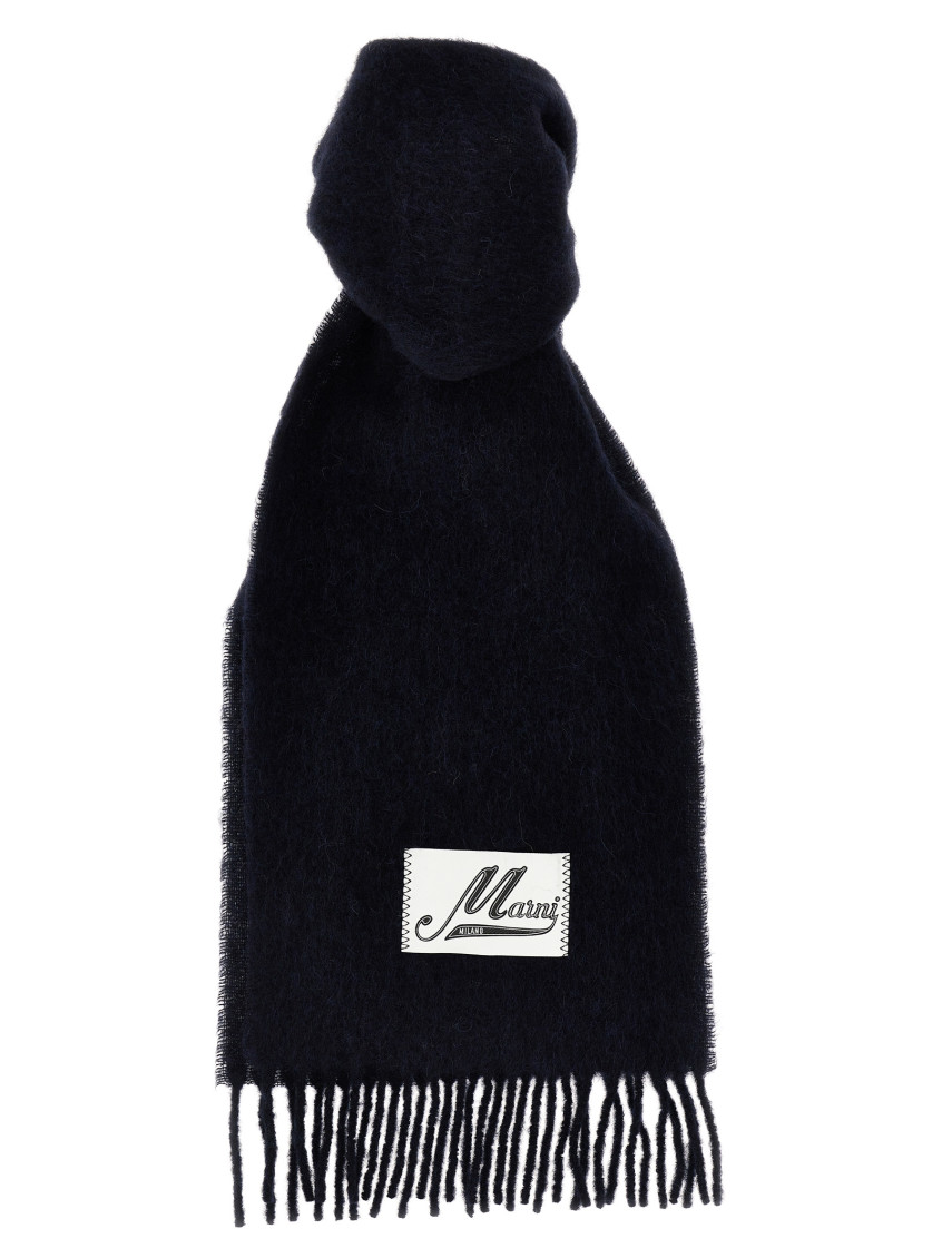 Marni Fringed Wool Blend Scarf With Maxi Logo Patch In Black