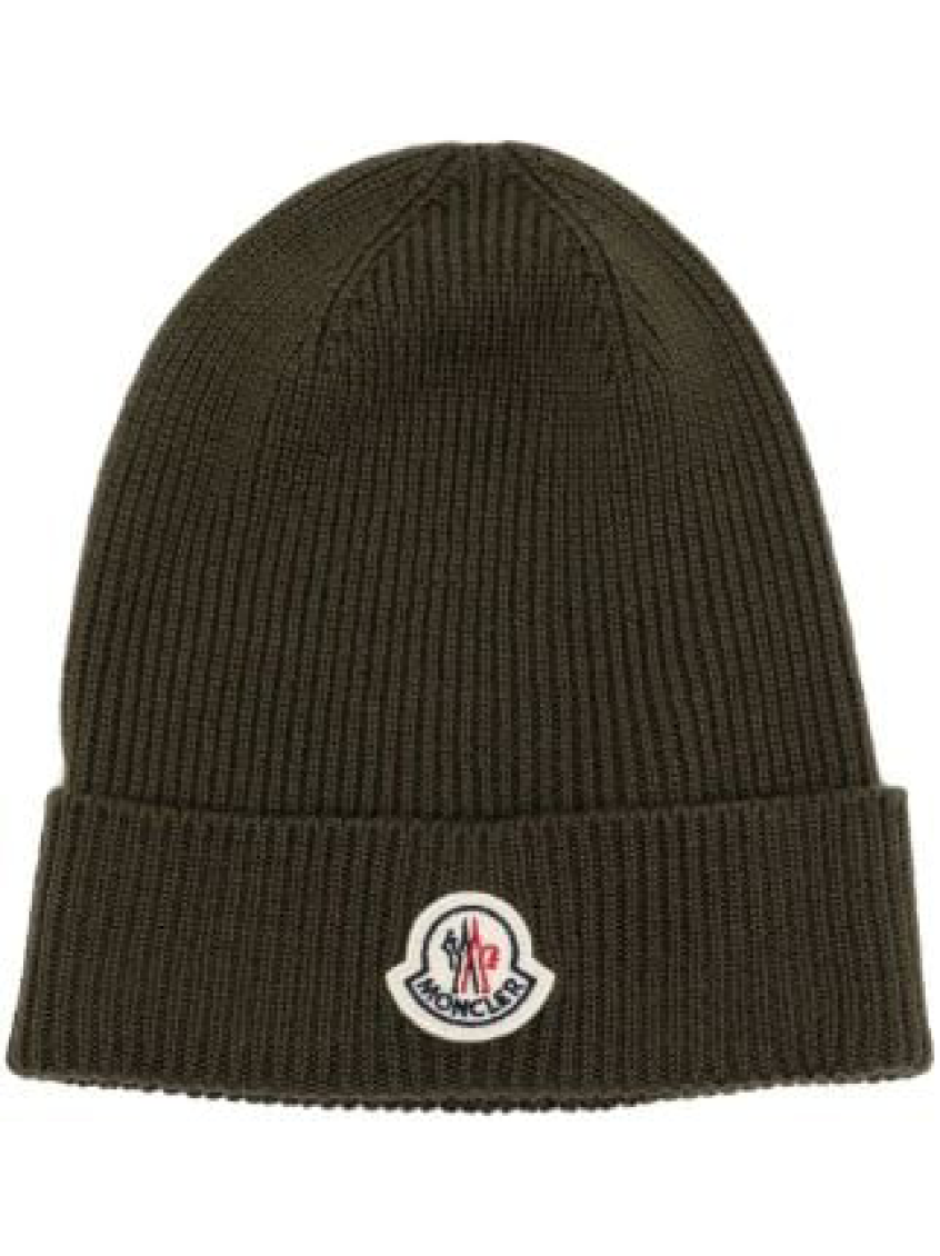 Moncler Dark Green Logo-patch Ribbed Beanie In Dark Green