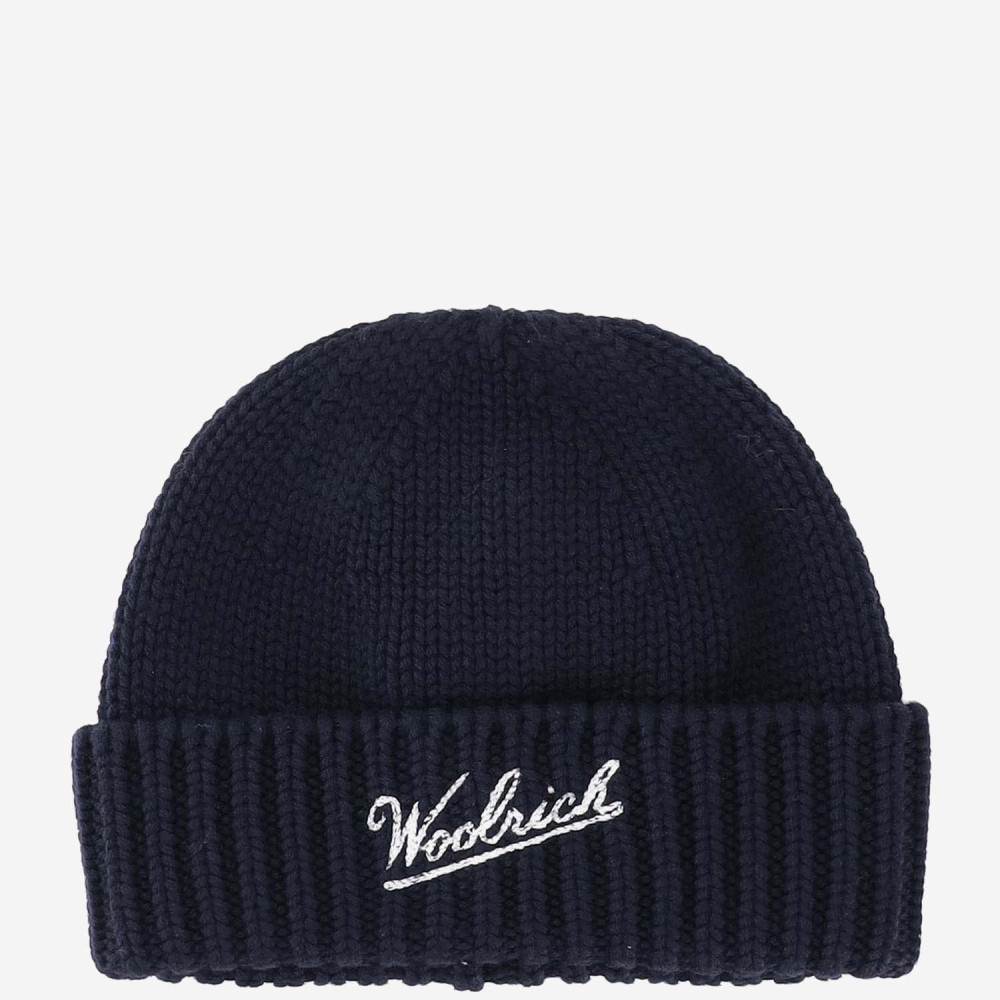 Woolrich Wool Beanie With Logo In Navy Blue