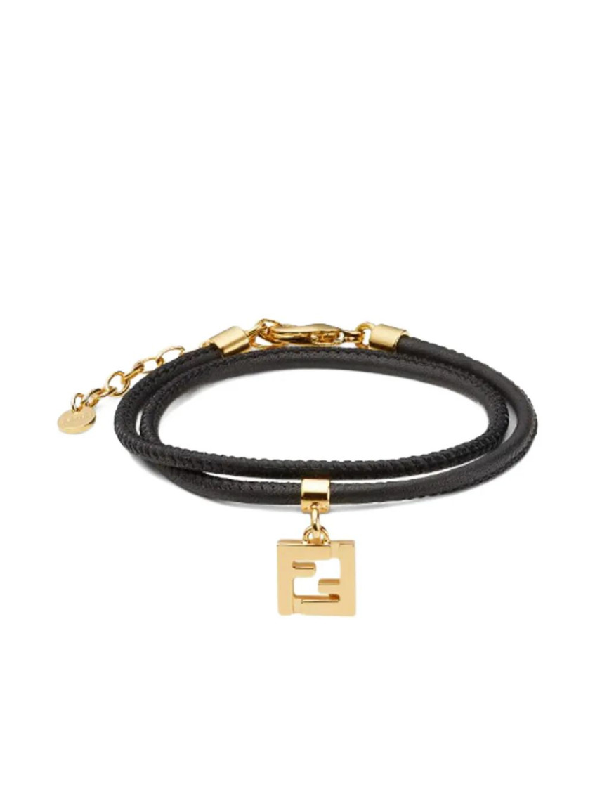 Fendi Leather Bracelet With Gold Tone Charm In Black