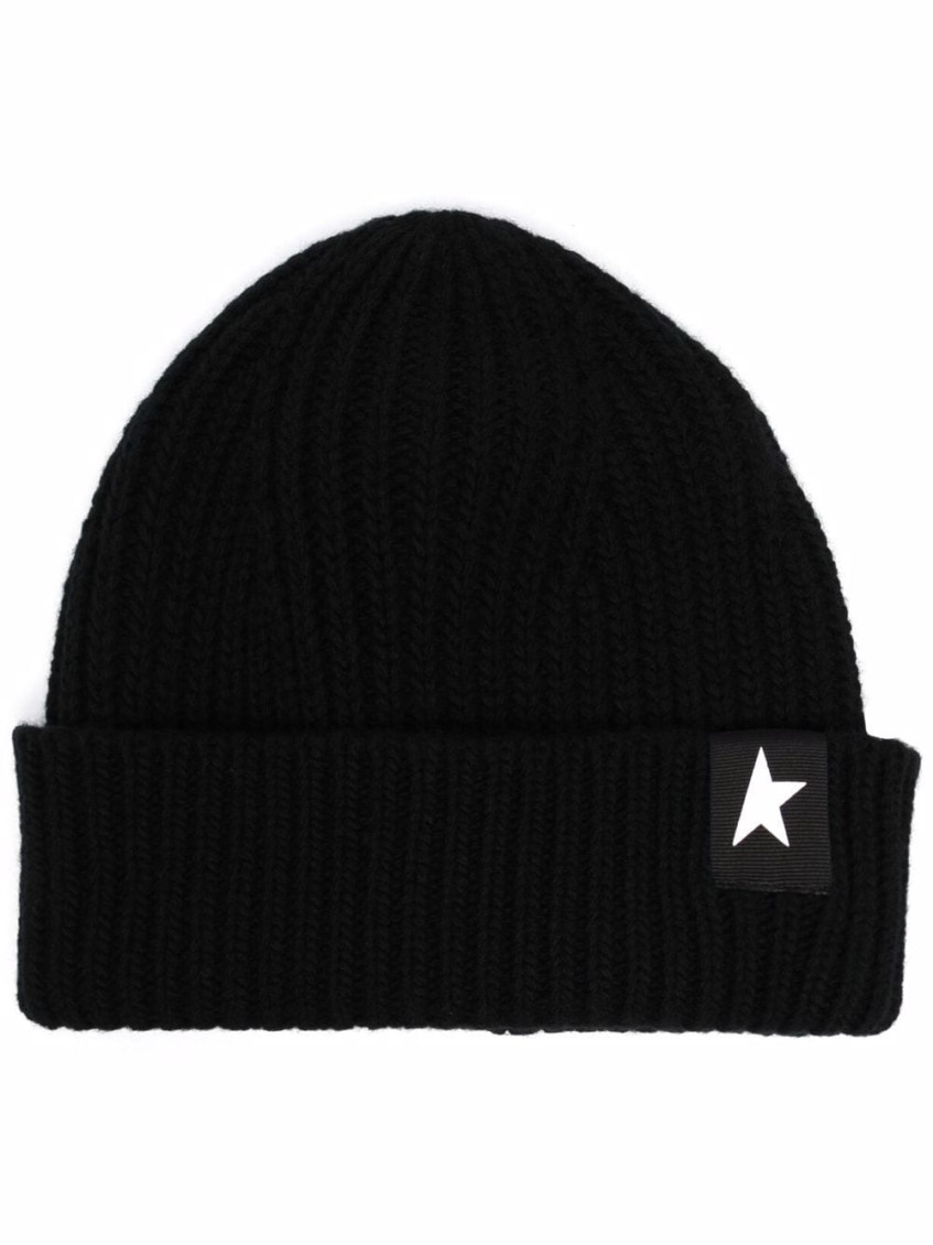 Golden Goose Mans Ribbed Black Wool Hat With Logo In Black