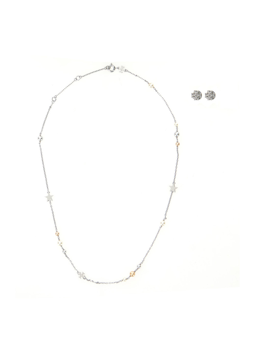 Tory Burch 'kira' Metallic Necklace And Earings Set With Double T Motif In Silver