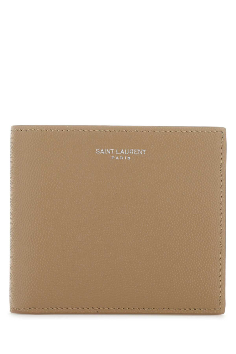 Saint Laurent Leather Wallet With Bi-fold Design And Textured Finish In Beige