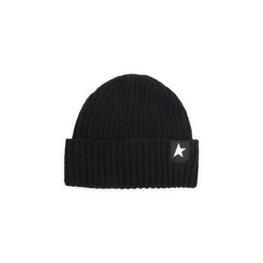 Golden Goose Mans Ribbed Black Wool Hat With Logo