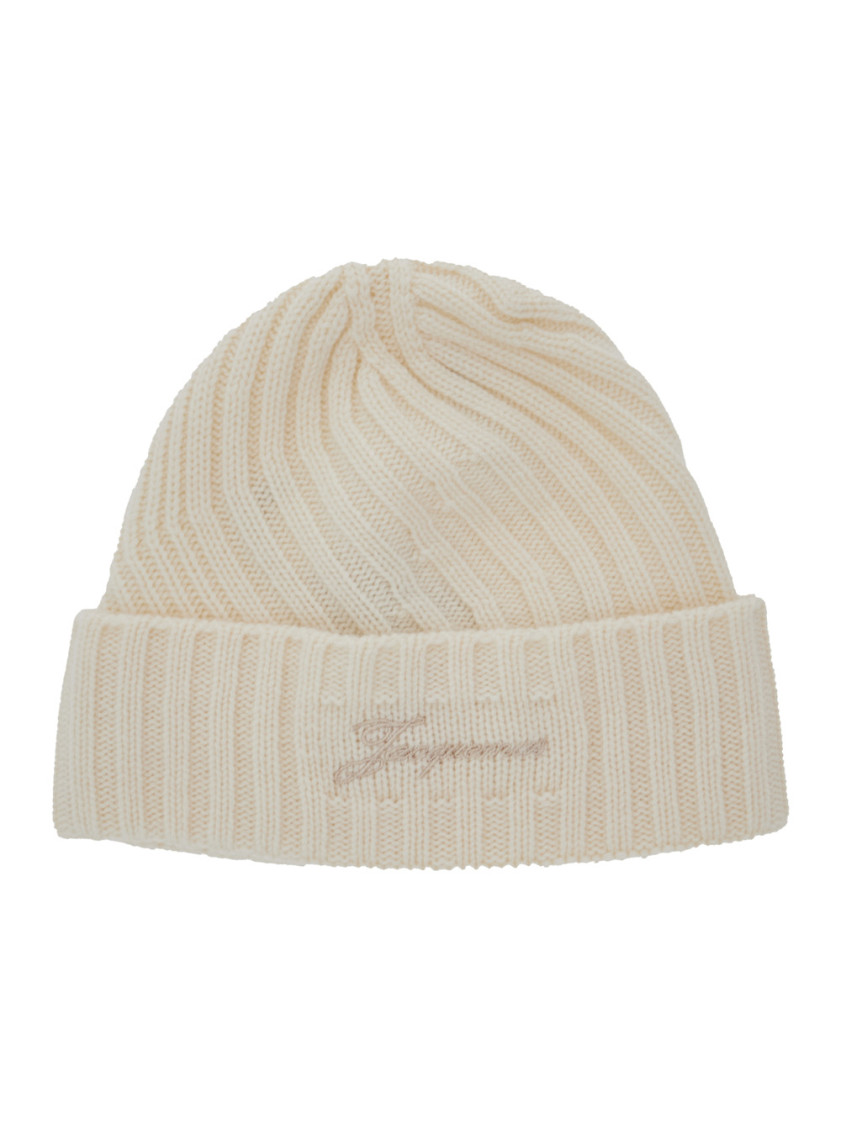 Jacquemus Le Bonnet Tourni White Beanie With Turn-up Brim And Logo Lettering On The Front In Wool Man In White