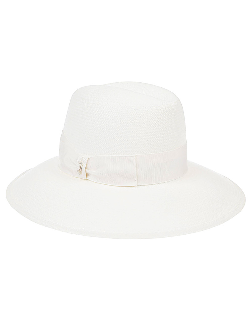 Borsalino Wide Brim Straw Hat With Ribbon Detail In White