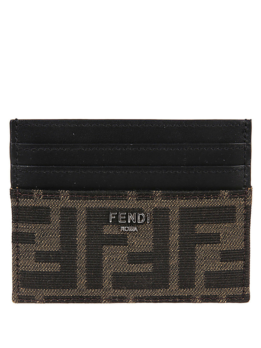 Fendi Brown Card-holder With Metal Lettering In Leather And Ff Canvas Man In Brown