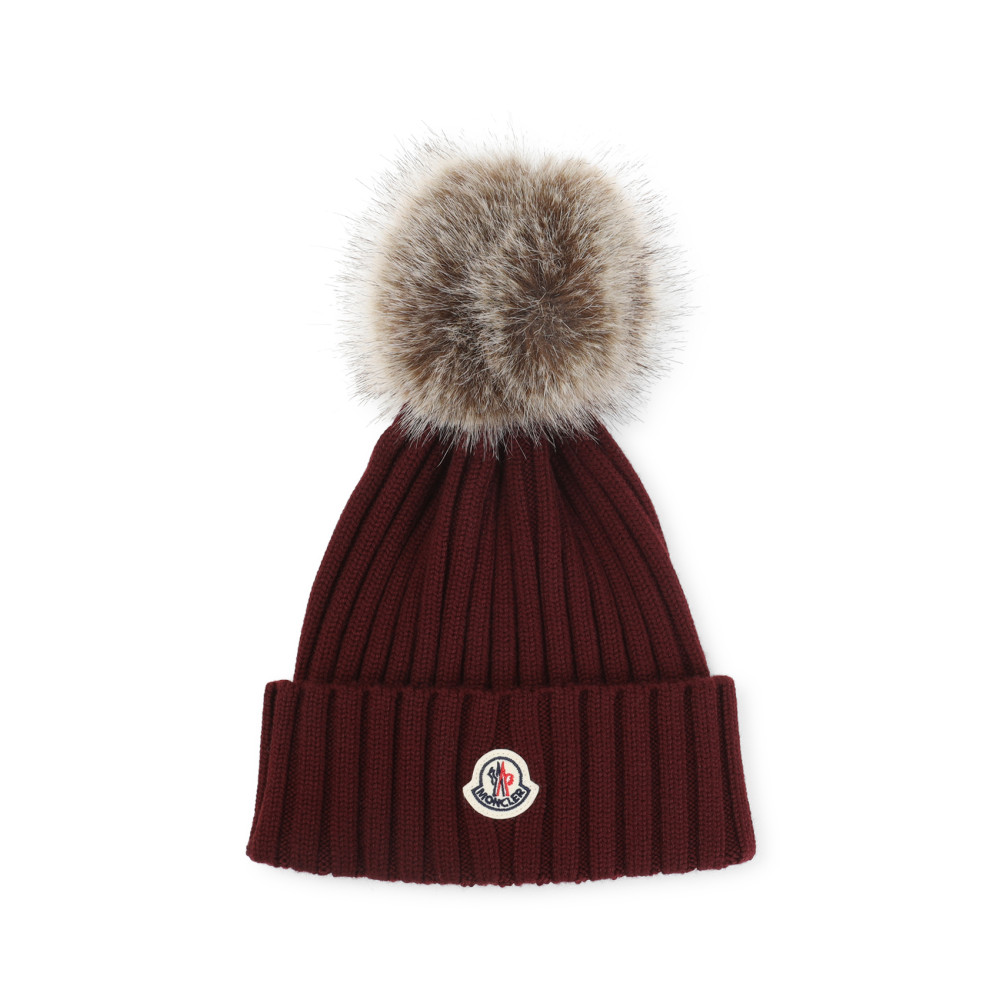 Moncler Ribbed Knit Hat With Fluffy Pom-pom In Burgundy