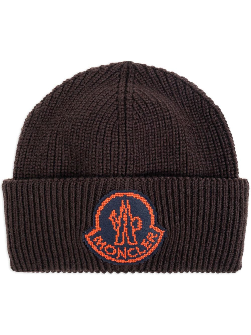 Moncler Logo-patch Wool Beanie In Brown