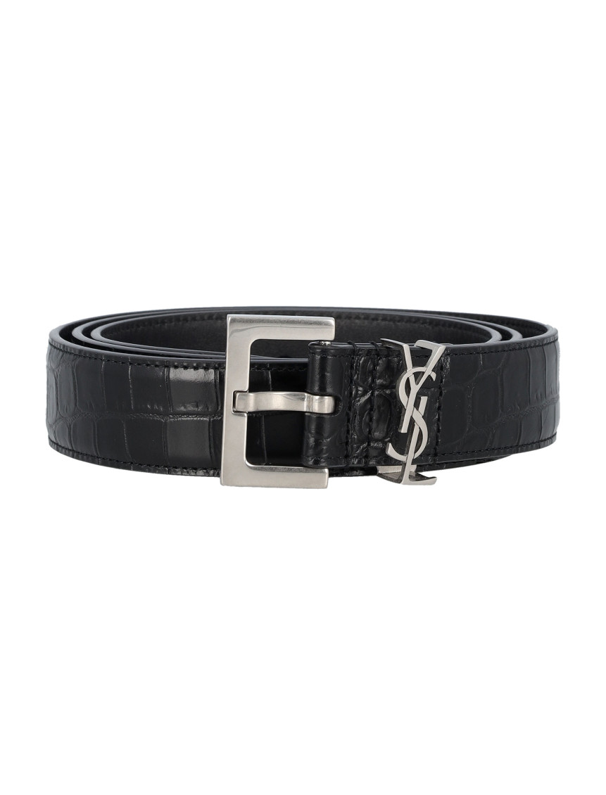 Saint Laurent Cassandre Belt In Crocodile-embossed Leather In Black