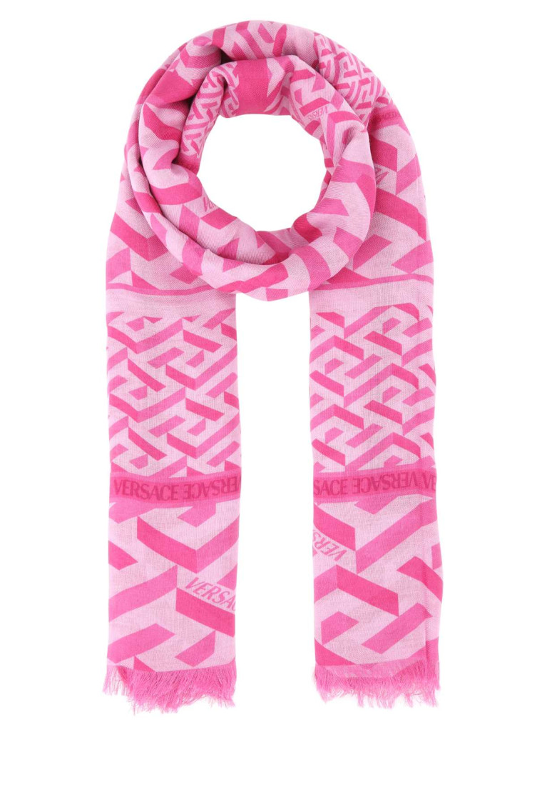 Versace Signature Print Frayed Edge Scarf In Pink