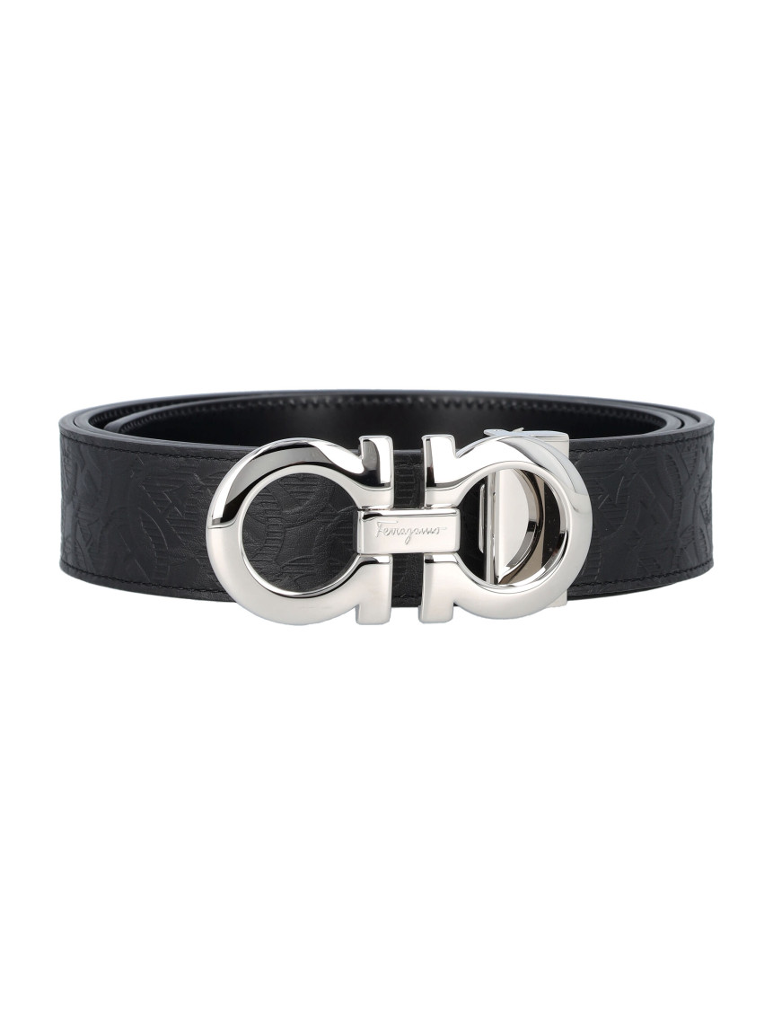 Ferragamo Reversible Leather Belt With Gancini Logo In Black