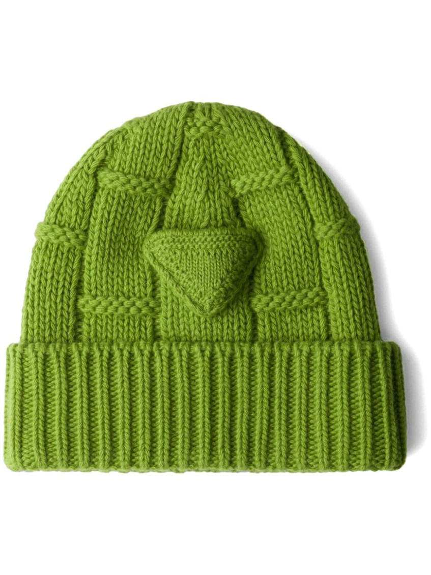 Prada Cashmere Triangle Logo Beanie In Green