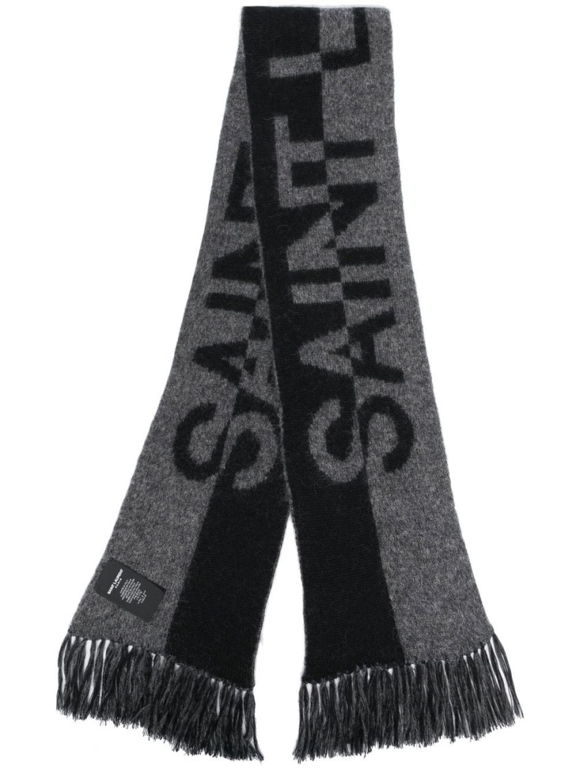 Saint Laurent Wool Blend Logo Scarf With Fringe Trim In Black