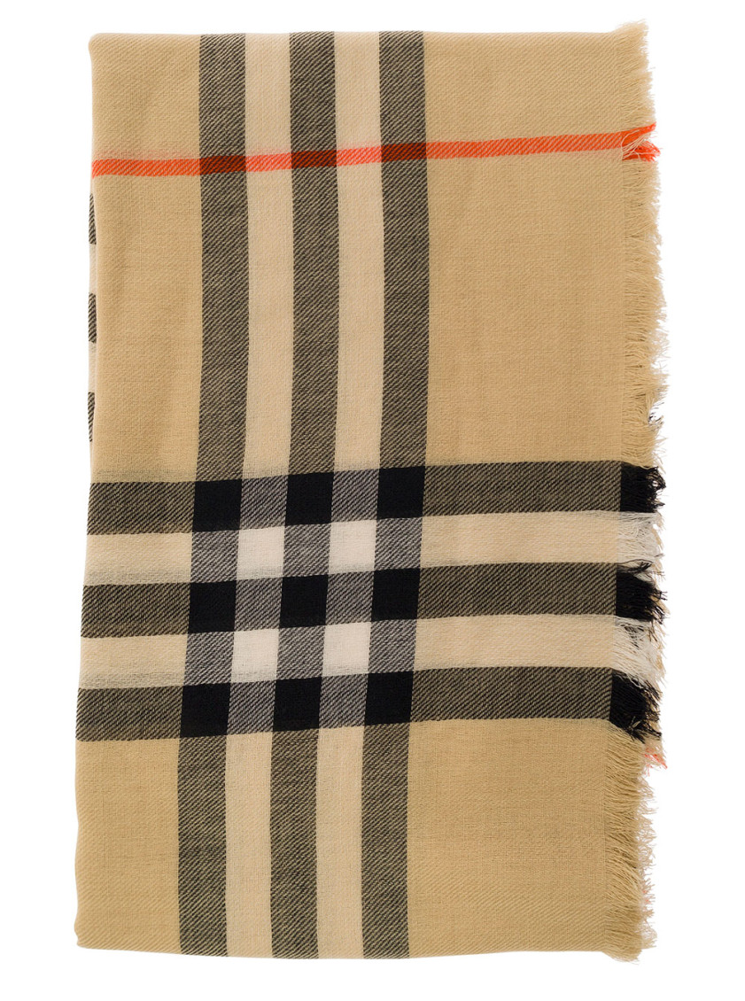 Burberry Beige Scarf With Check Motif In Wool In Beige