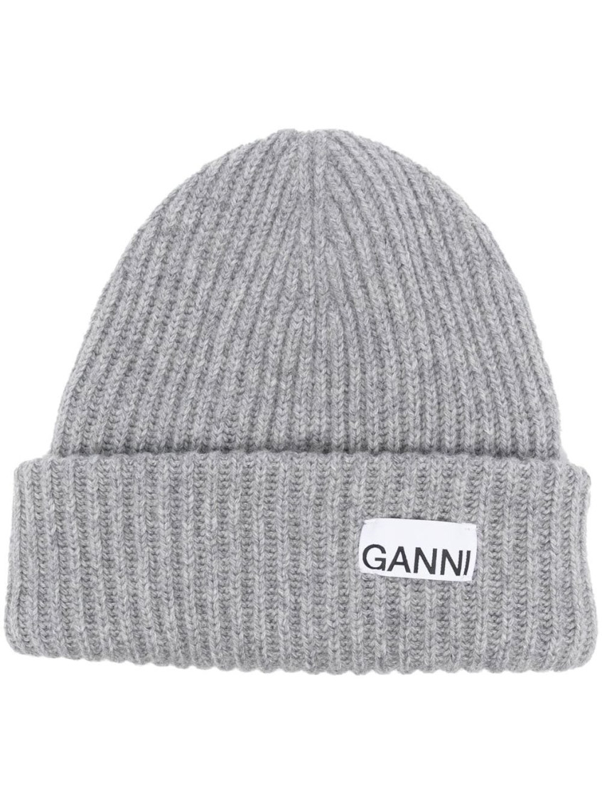 Ganni Melange Grey Logo Beanie In Grey