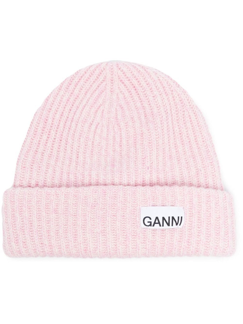 Ganni Logo-patch Ribbed-knit Beanie In Light Pink