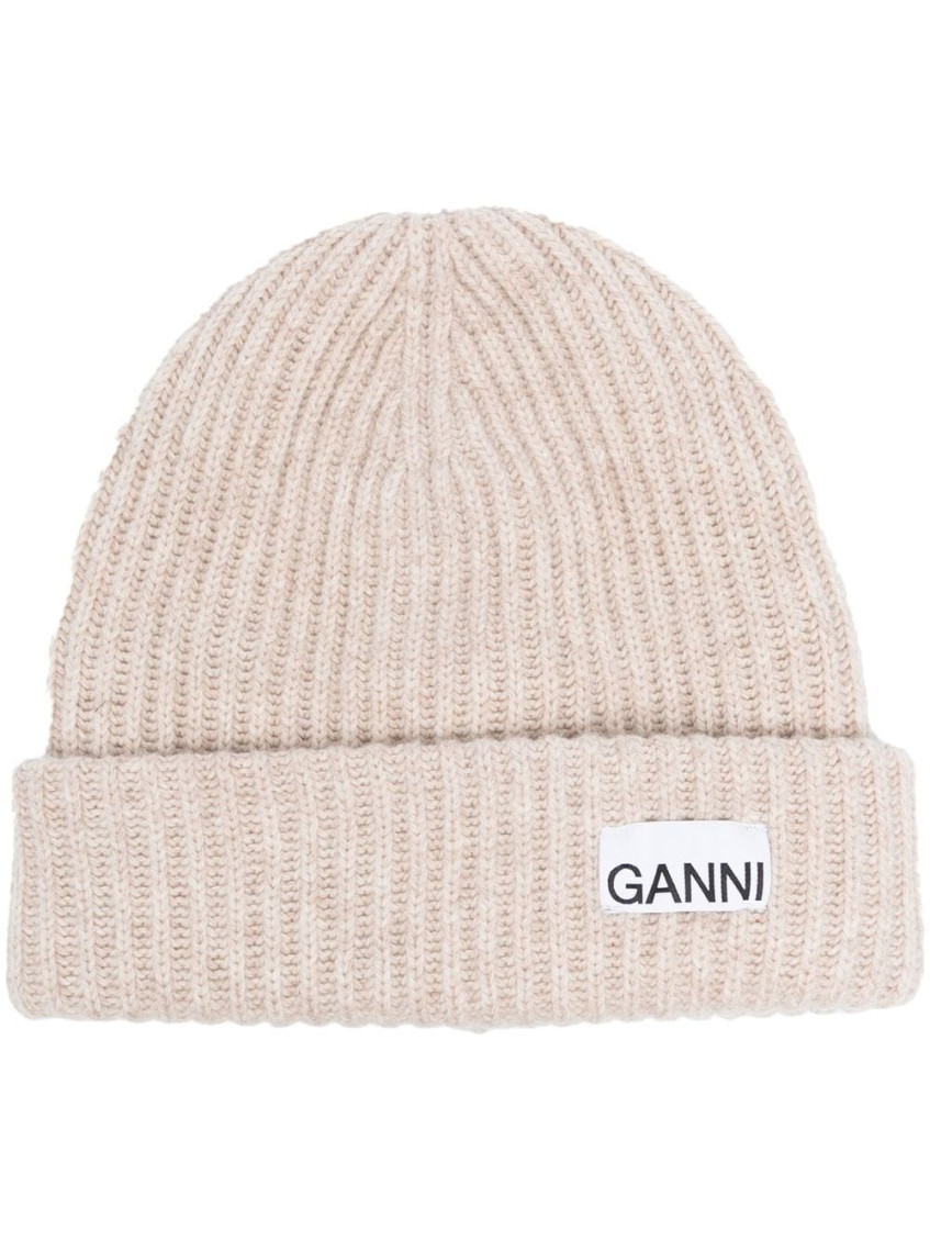 Ganni Berretto A Coste Con Applicazione In Beige