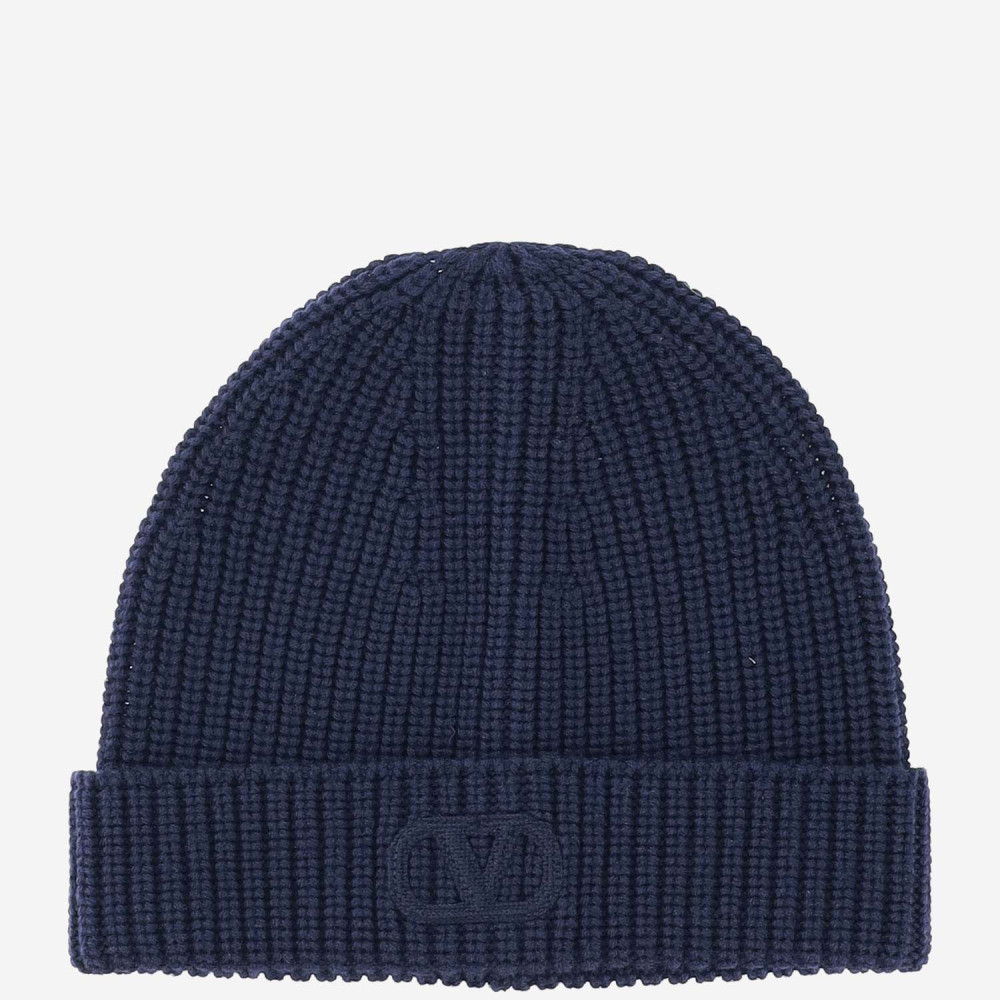Valentino Vlogo Knitted Beanie In Navy Blue