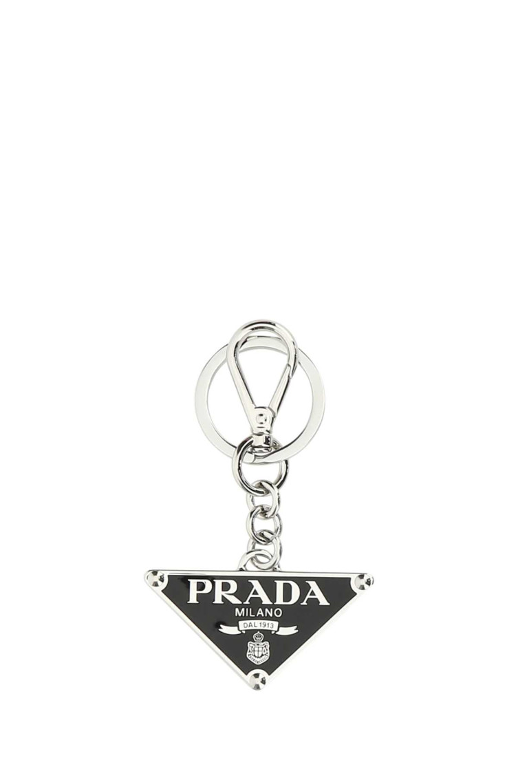 Prada Triangle-logo Metal Keyring In Black