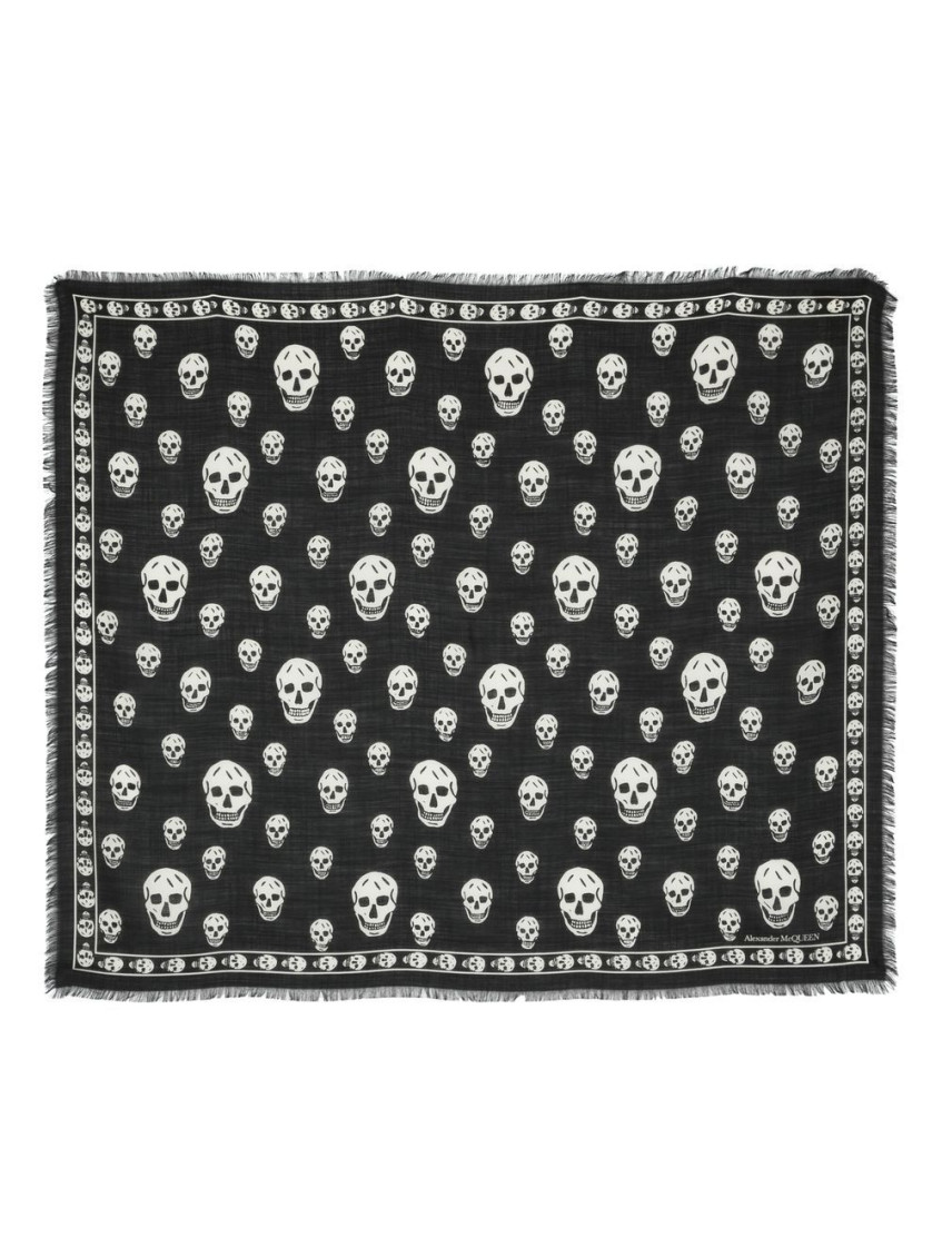 Alexander Mcqueen Skull Printed Frayed-edge Scarf In Black