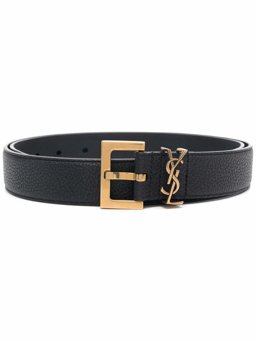 Saint Laurent Textured Black Grained Leather Belt In Black