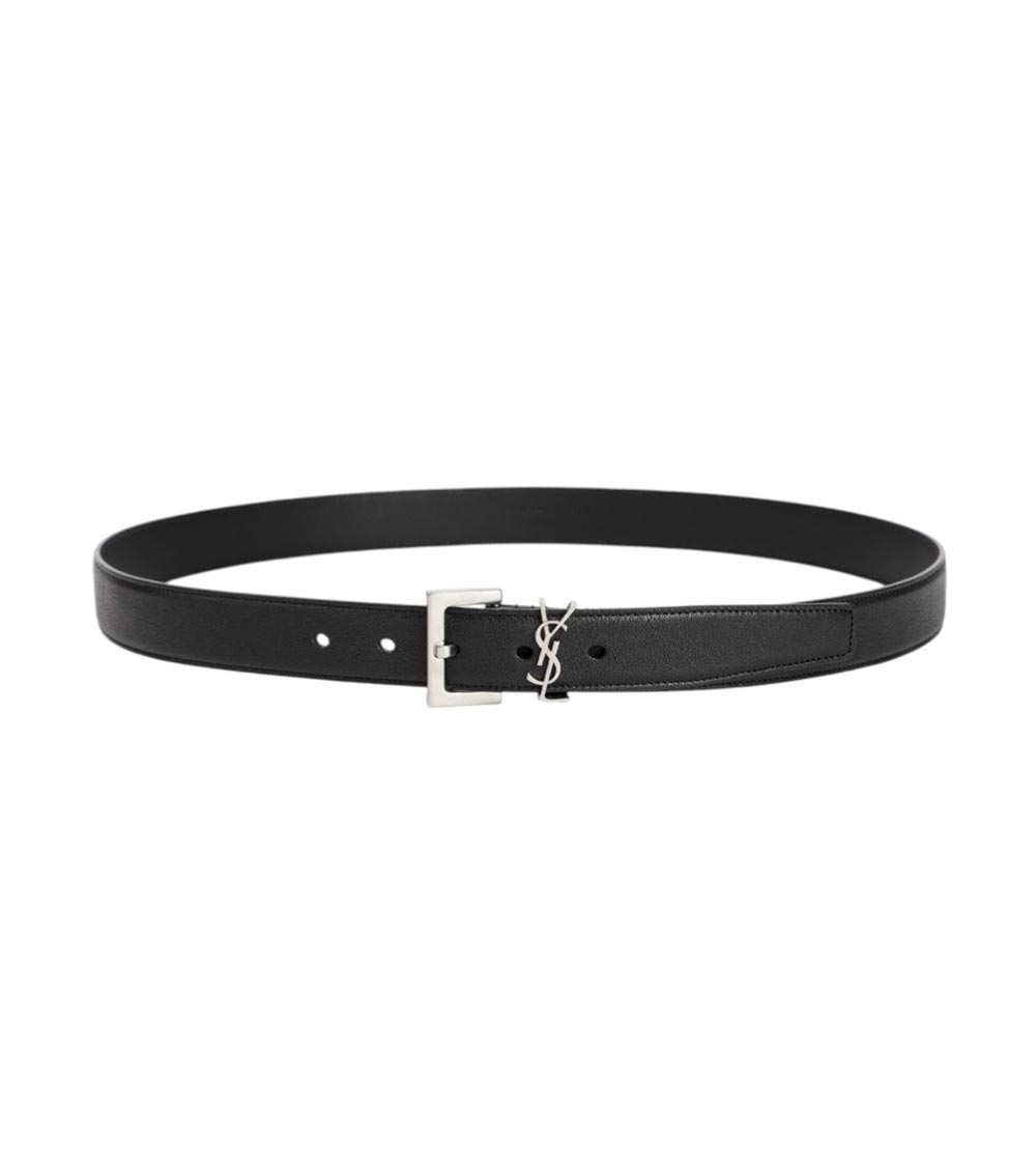 Saint Laurent Cassandre Buckle Grained Leather Belt In Black