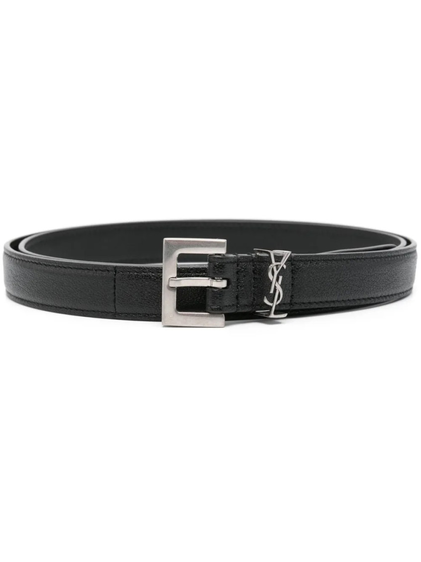 Saint Laurent Squared Buckle Smooth Leather Cassandre Thin Belt Accessories In Black