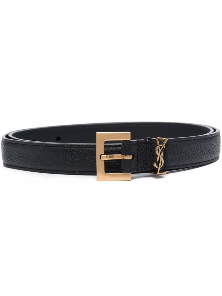 Saint Laurent Cassandre Thin Leather Belt In Black