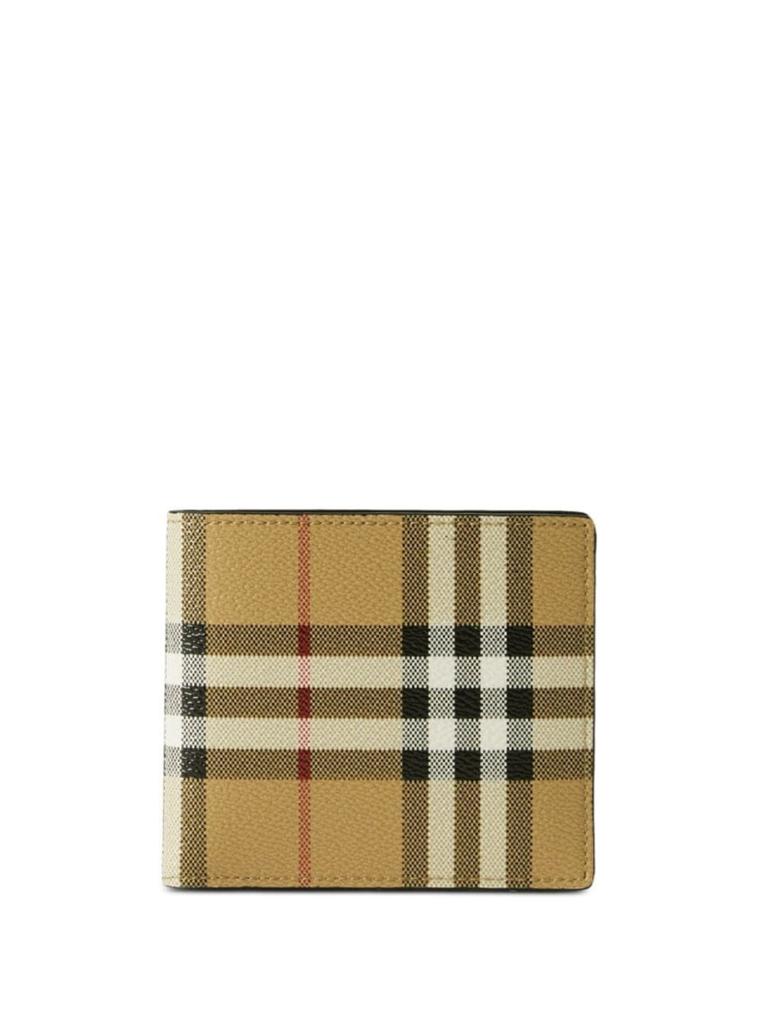 Burberry Beige Bifold Wallet With Check Motif In Techno Fabric In Brown