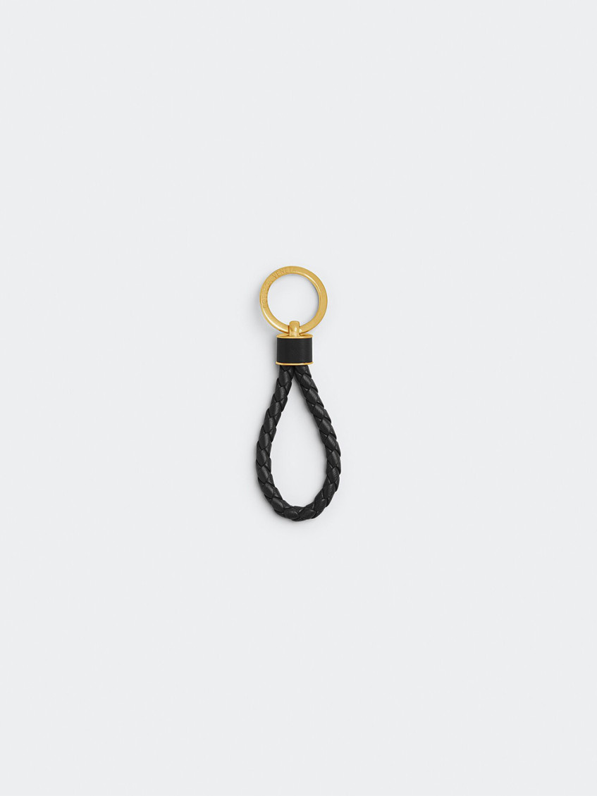 Bottega Veneta Intrecciato Leather And Gold-tone Keyring In Black