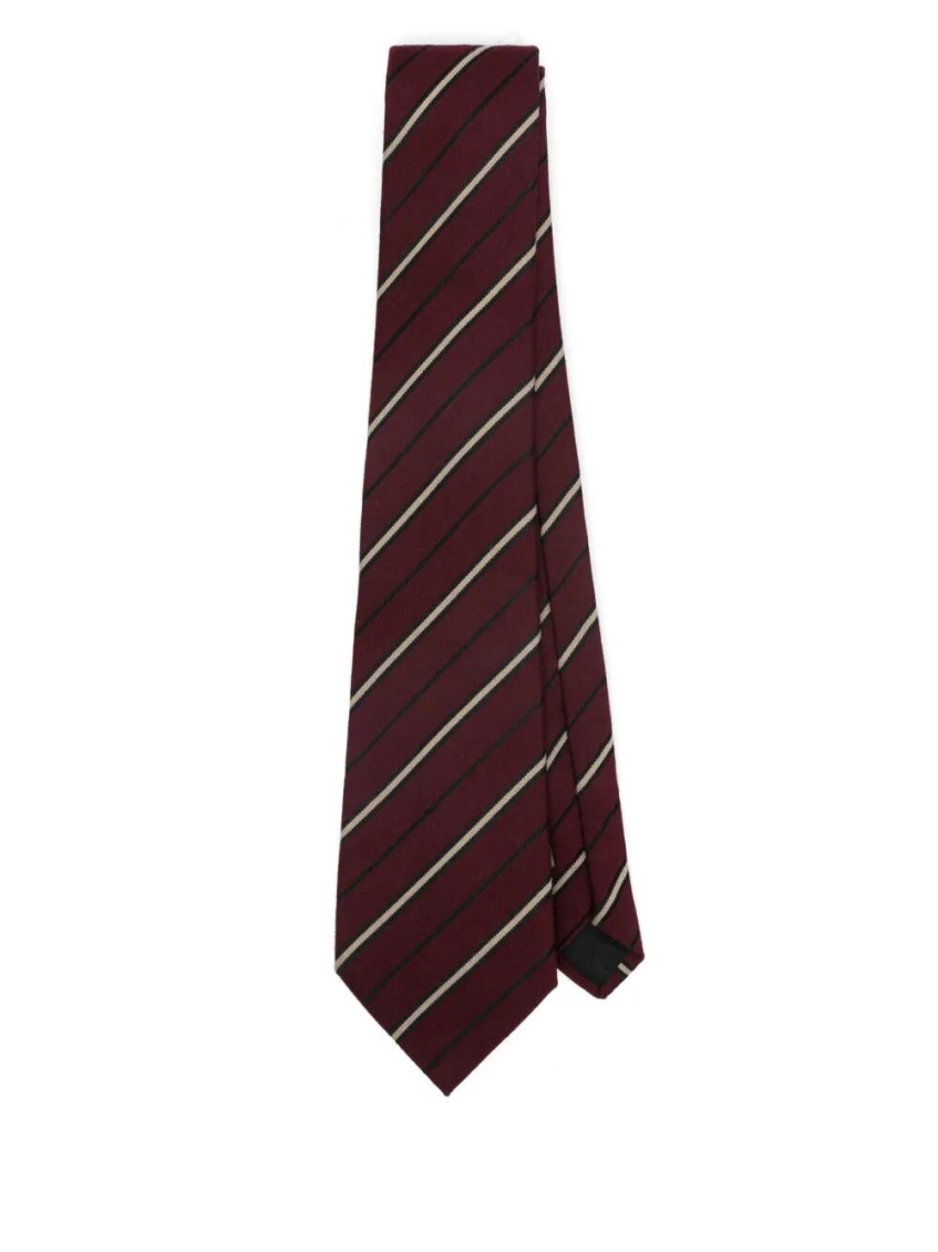 Saint Laurent Striped Wide Tie In Wool And Silk Accessories In Burgundy