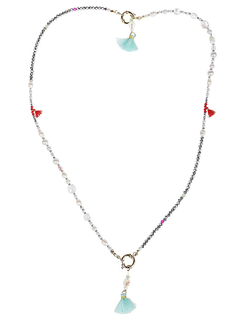 Fuerte Mirror Silver Beaded Tassel Drop Necklace In Silver