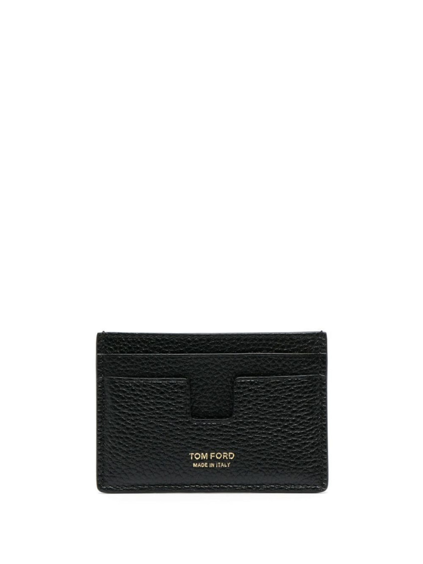 Tom Ford Black T Line Card-holder With Gold-colored Embossed Logo In Grainy Leather Man In Black