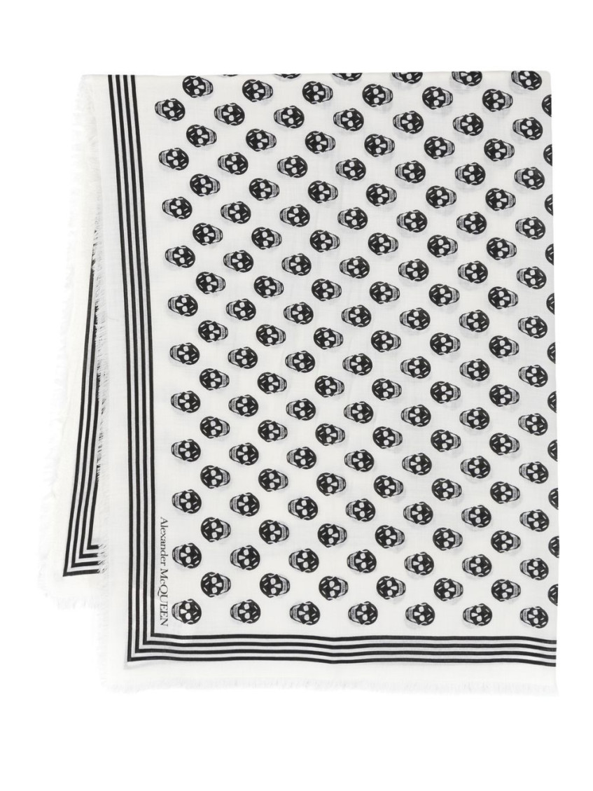 Alexander Mcqueen Skull Printed Frayed-edge Scarf In White