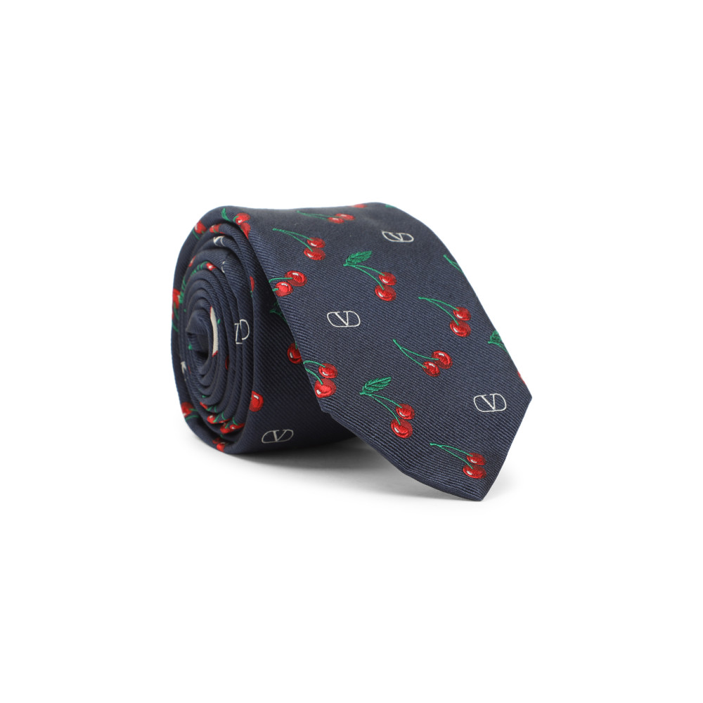 Valentino Adjustable Cherry Pattern Silk Tie In Blue