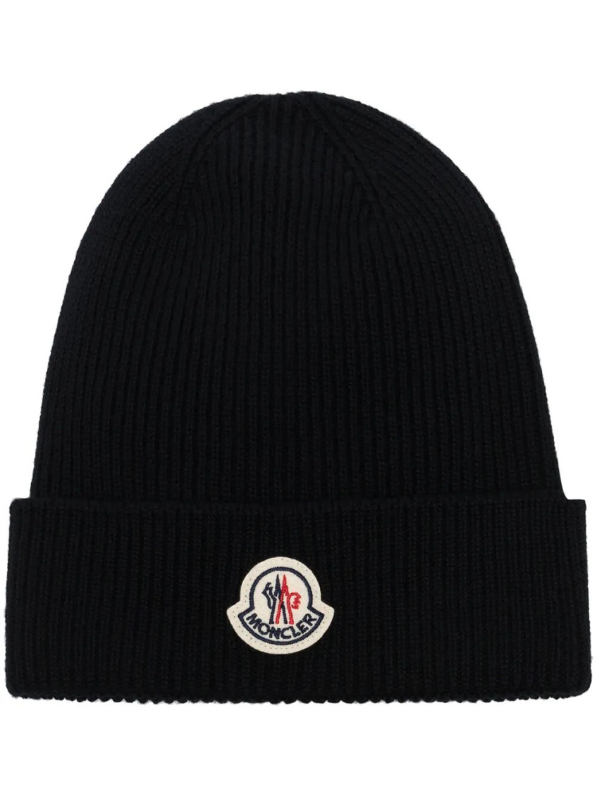 Moncler Mens Black Logo-patch Ribbed Wool-cashmere Beanie Hat In Black