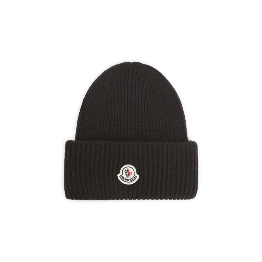 Moncler Dark Brown Textured Logo Beanie Hat In Black