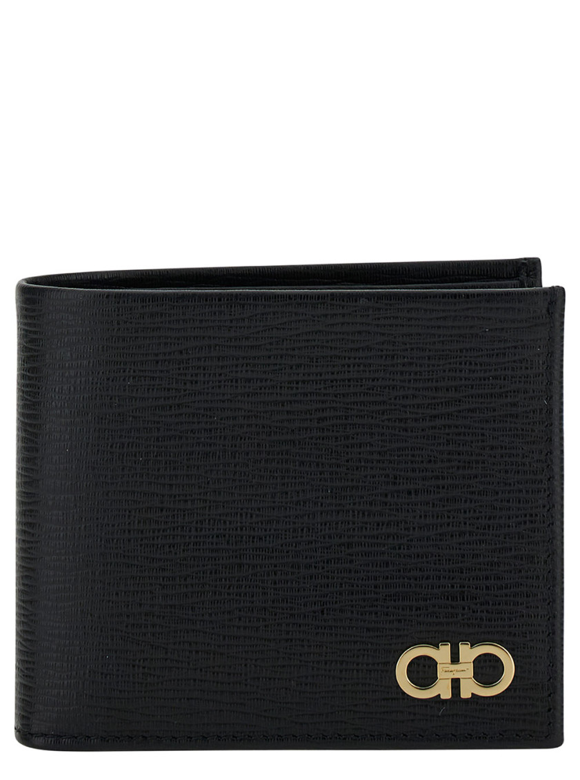 Ferragamo Black Gancini Bi-fold Wallet In Leather Man  In Black