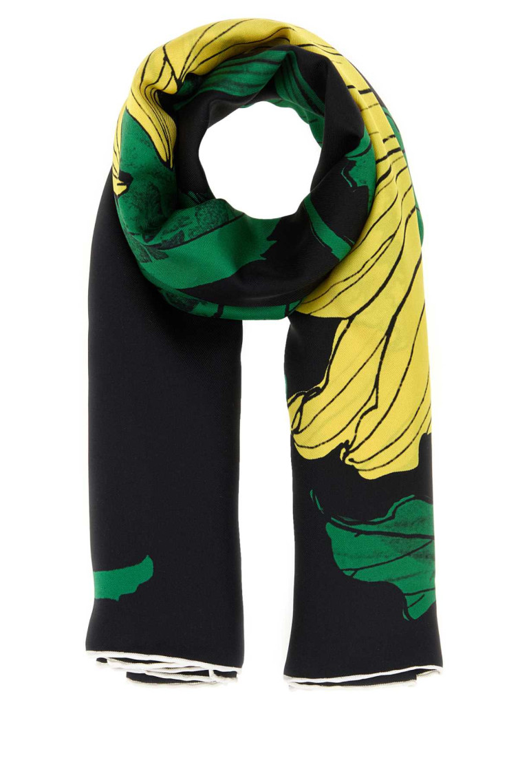 Alexander Mcqueen Floral Print Silk Scarf In Rectangular Shape In Black
